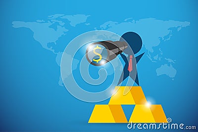 Businessman holding telescope with dollar symbol and stand on gold bars, vision and business concept Vector Illustration