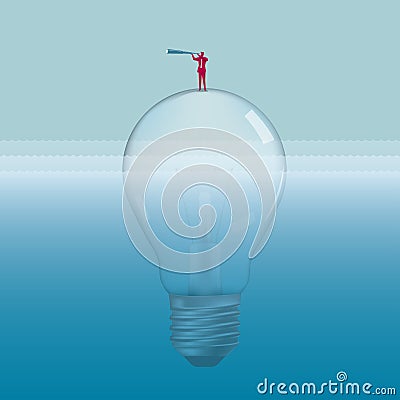 Businessman holding a telescope observing at sea, standing on a light bulb Vector Illustration