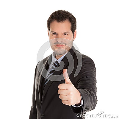 Businessman holding thumbs up isolated on white background. Business and service concept Stock Photo