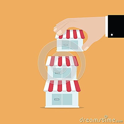 Businessman holding top of building stack. Expanding business or growth of business concept. Vector Illustration