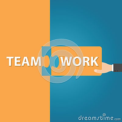 Businessman holding two matching puzzle pieces with the word - Teamwork, vector illustration Vector Illustration