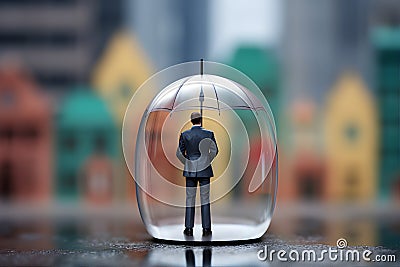businessman holding an umbrella stands isolated on a softly blurred background. AI Generated Stock Photo