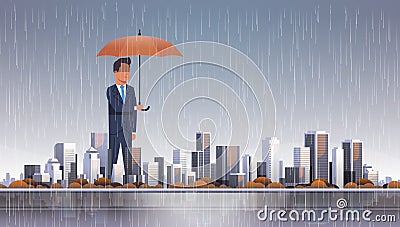 Businessman holding umbrella at storm huge rain business protection concept over big modern city building skyscraper Vector Illustration