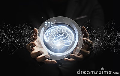 Businessman holding virtual brain with downloading icon progress for creative thinking solution and smart problem solving concept Stock Photo