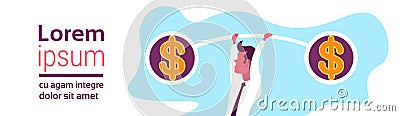 Businessman holding weights balance scales currency dollar banking finance business motivation concept stability money Vector Illustration