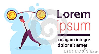 Businessman holding weights balance scales currency euro banking finance business motivation concept stability money Vector Illustration