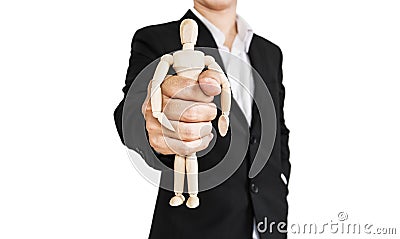 Businessman holding wooden figure, concept of take control, oppress, and etc., isolated on white background Stock Photo