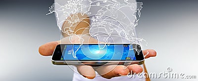 Businessman holding world connection sketch Stock Photo