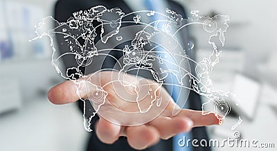 Businessman holding world connection sketch Stock Photo