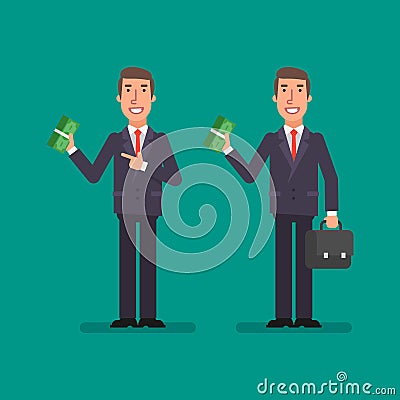 Businessman holds bundle money holds suitcase and smiling Vector Illustration