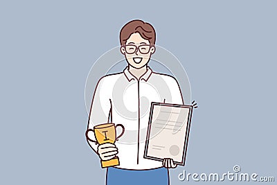 Businessman holds certificate and cup winner of competition among sellers who exceeded sales plan Vector Illustration
