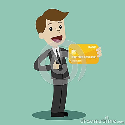 Businessman holds credit card in his hand and has profit. Succsessful business. Payments Vector Illustration