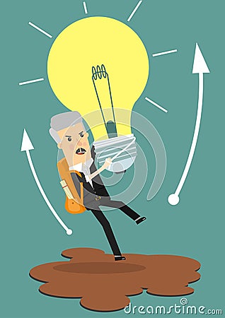 Businessman holds flying light bulb to get away from quicksand. Business concept cartoon illustration. Vector Illustration