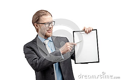 Businessman holds in hand empty white sheet Stock Photo