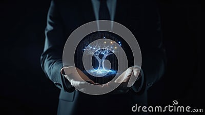 Businessman holds in his palms holographic tree, futuristic technology success concept created with generative AI Cartoon Illustration