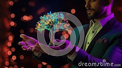 Businessman holds in his palms holographic tree, futuristic technology success concept created with generative AI Cartoon Illustration