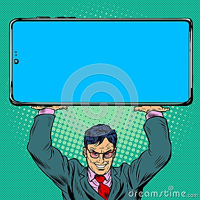 Businessman holds a large smartphone Vector Illustration