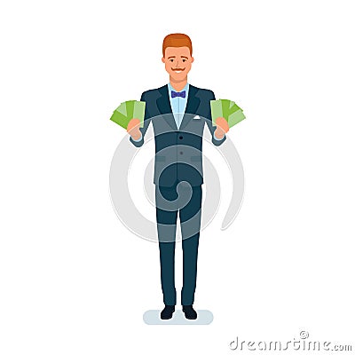 Businessman, holds lot of money in hands, financial success, growth. Vector Illustration