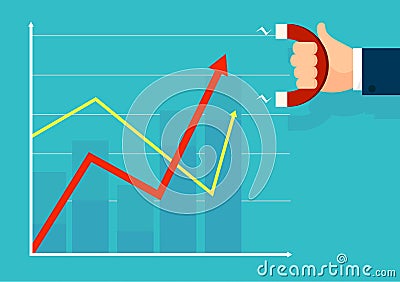 Businessman holds magnet and attract good luck. Graphics go up. Business chart goes upwards. Vector illustration design Cartoon Illustration