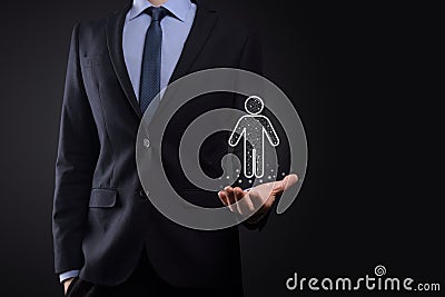 Businessman holds man person icon on dark tone background.HR Human people iconTechnology Process System Business with Recruitment Stock Photo