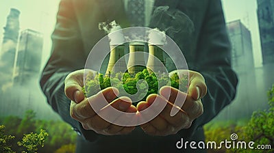A businessman holds a nuclear power plant on his hands. Safe and green nuclear power. Positive sides of peaceful atom Stock Photo