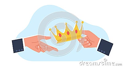 Businessman holds out crown to another businessman. Leadership symbol. Employee achieving goal. successful manager Vector Illustration