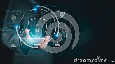 Businessman holds phone and login padlock icon Represents protection against external hacking of the system. Security concepts for Stock Photo