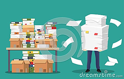 Businessman holds pile of office papers and documents. Vector Illustration