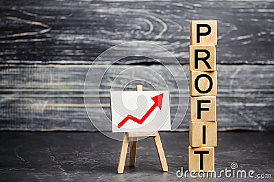 A red up arrow and the inscription `profit`. Concept of business success, financial growth and wealth. Increase profits and invest Stock Photo