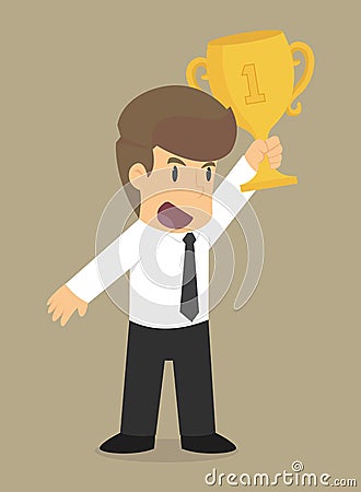 Businessman Holds the trophy, winner Vector Illustration