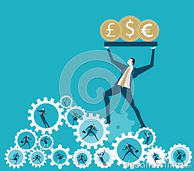 Businessman holds up golden coin as symbol of success. Dollar, Euro, Pound. Economy and finance concept illustration Cartoon Illustration