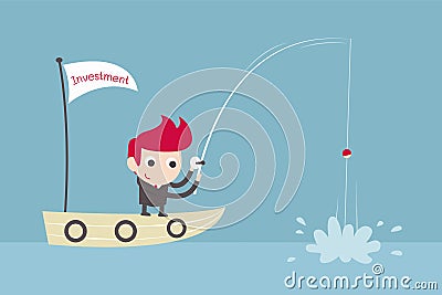 Businessman fishing on boat Vector Illustration