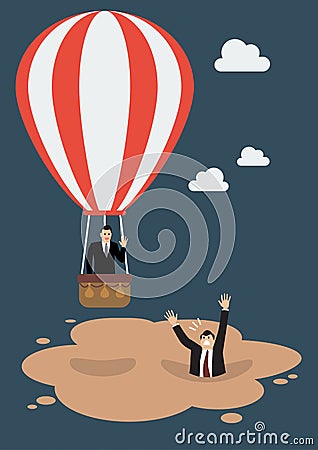 Businessman in hot air balloon get away from quicksand Vector Illustration