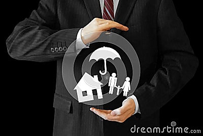 Businessman, house and family insurance concept Stock Photo