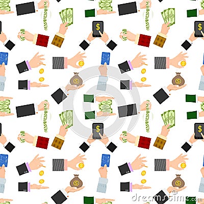 Businessman human hands arm holding paper money stack vector illustration finance seamless pattern background Vector Illustration