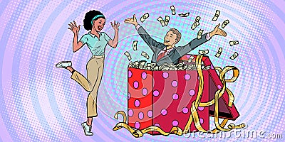 Businessman husband lots of money holiday gift box. African woman funny reaction joy Vector Illustration
