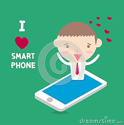 Businessman I love smartphone with happy moment. Vector Illustration
