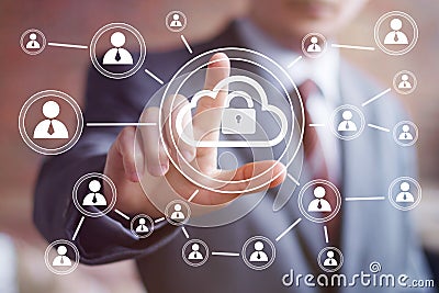 Businessman icon pushing web button cloud lock Stock Photo