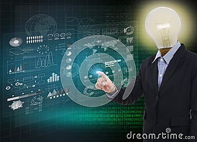 Businessman idea light bulb touching financial analysis graph. Stock Photo