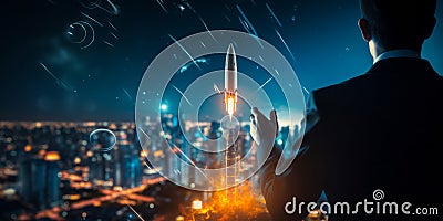 Businessman igniting rocket representing growth, strategy, and startup success against a cityscape backdrop Stock Photo