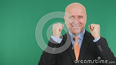 Businessman Image Smile and Gesticulate Enthusiastic With Green Screen in Backgr Stock Photo