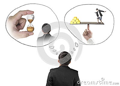 Businessman imagining work situation isolated on white Stock Photo