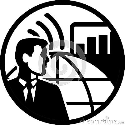 Businessman Industrial Engineer with Internet Connectivity Globe and Sales Graph Retro Style Cartoon Illustration