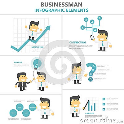 Businessman Infographic elements flat design set, man with light bulb, smartphone, growth, 4p strategy cartoon Vector Illustration