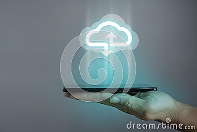 Businessman or information technologist with cloud computing icon and tablet Stock Photo