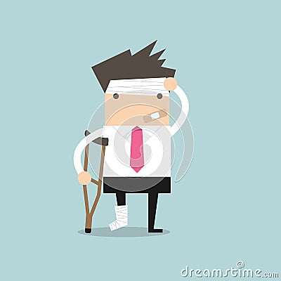 Businessman injured standing with crutches and showing cast on a broken leg for health insurance Vector Illustration