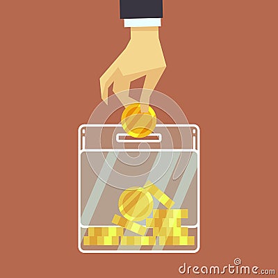 Businessman insert coin into donate box. vector donation concept Vector Illustration