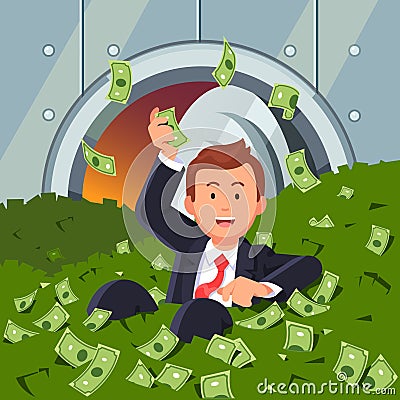 Businessman inside bank vault lying in dollar cash Vector Illustration