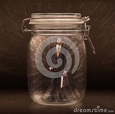 Businessman inside a jar with powerful hand drawn lines concept Stock Photo