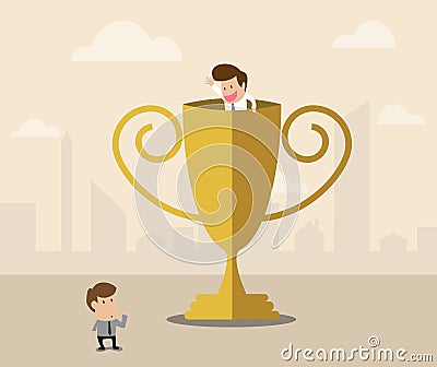 Businessman inside winner trophy has a greeting wi Vector Illustration